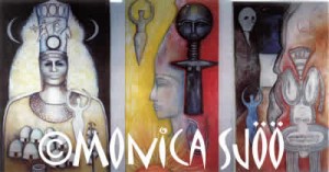 Triptych of Diana, Asiatic Lunar Mother, African Sun Goddess and Earth/Underworld Crone (oil, 2000)